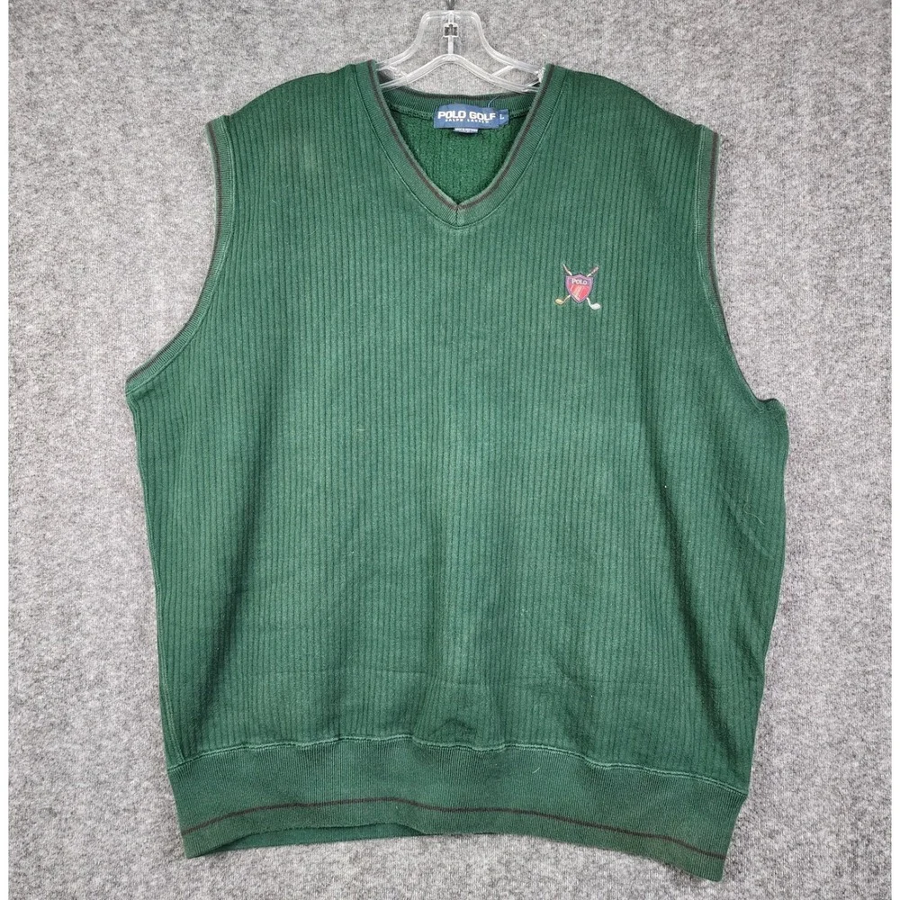 Polo Golf Ralph Lauren Sweater Vest Mens L Green Ribbed V-Neck Fleece Crest Logo