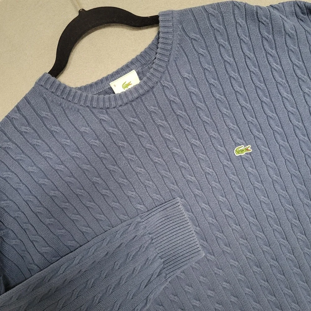 Lacoste Mens Blue‎ Cable Knit Crew Neck Sweater Sz 9 4XL Embroidered Logo Cotton