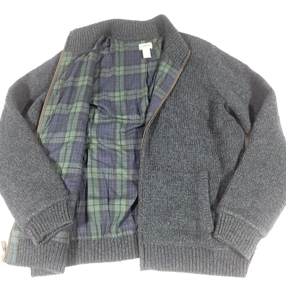 LL Bean Shacket Lambswool Cardigan‎ Sweater XL Blue Green Plaid Flannel Lined