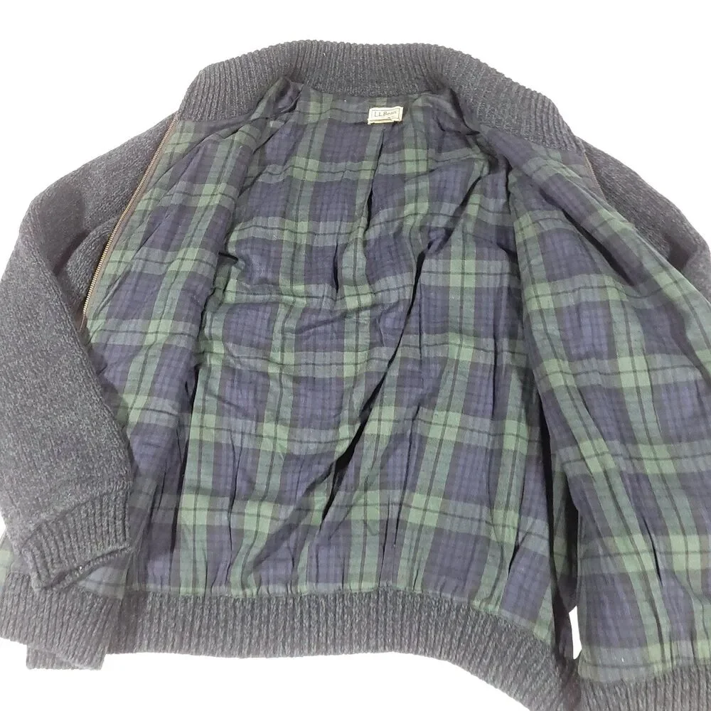 LL Bean Shacket Lambswool Cardigan‎ Sweater XL Blue Green Plaid Flannel Lined