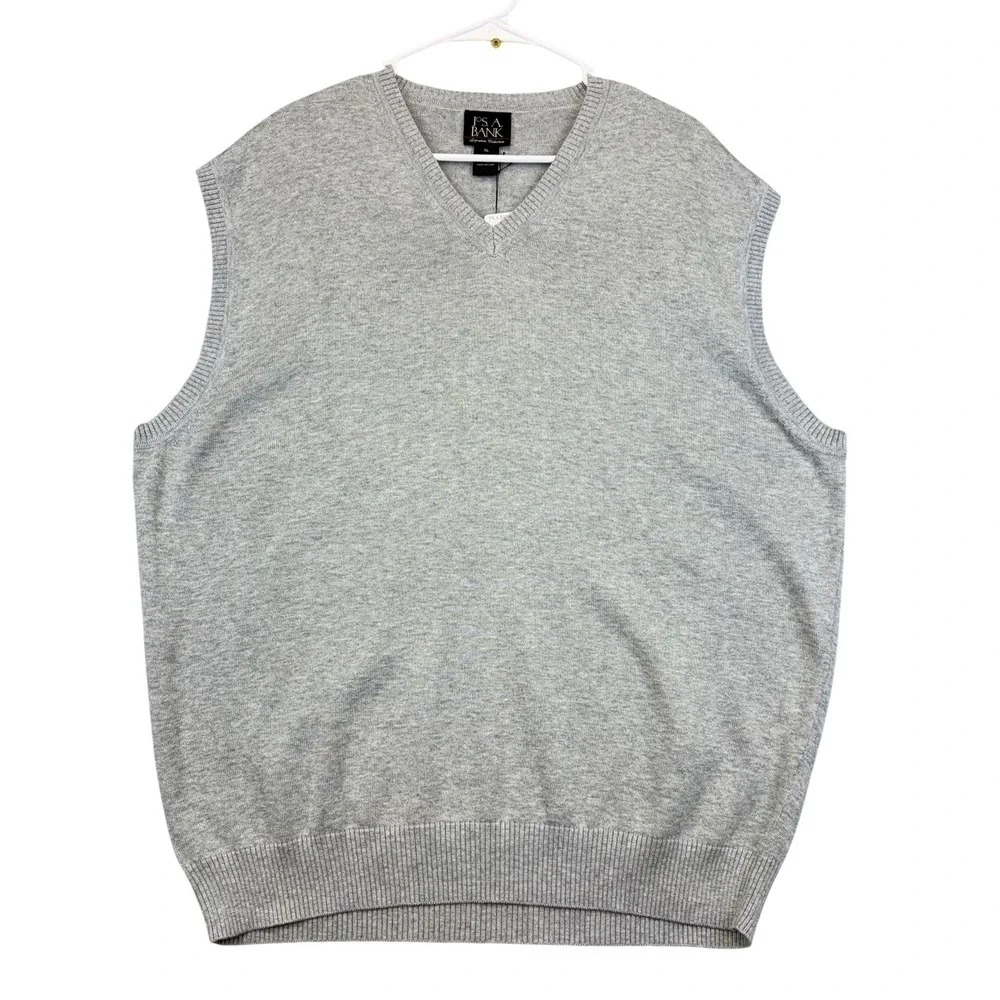 Jos A Bank Sweater Vest Mens XL Light Gray Heather Pima Cotton V Neck Knit
