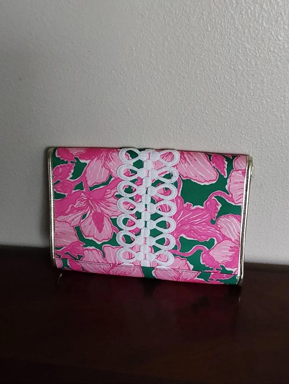 Lilly Pulitzer‎ Pink Floral Oversize- Envelop Clutch with Gold Trim
