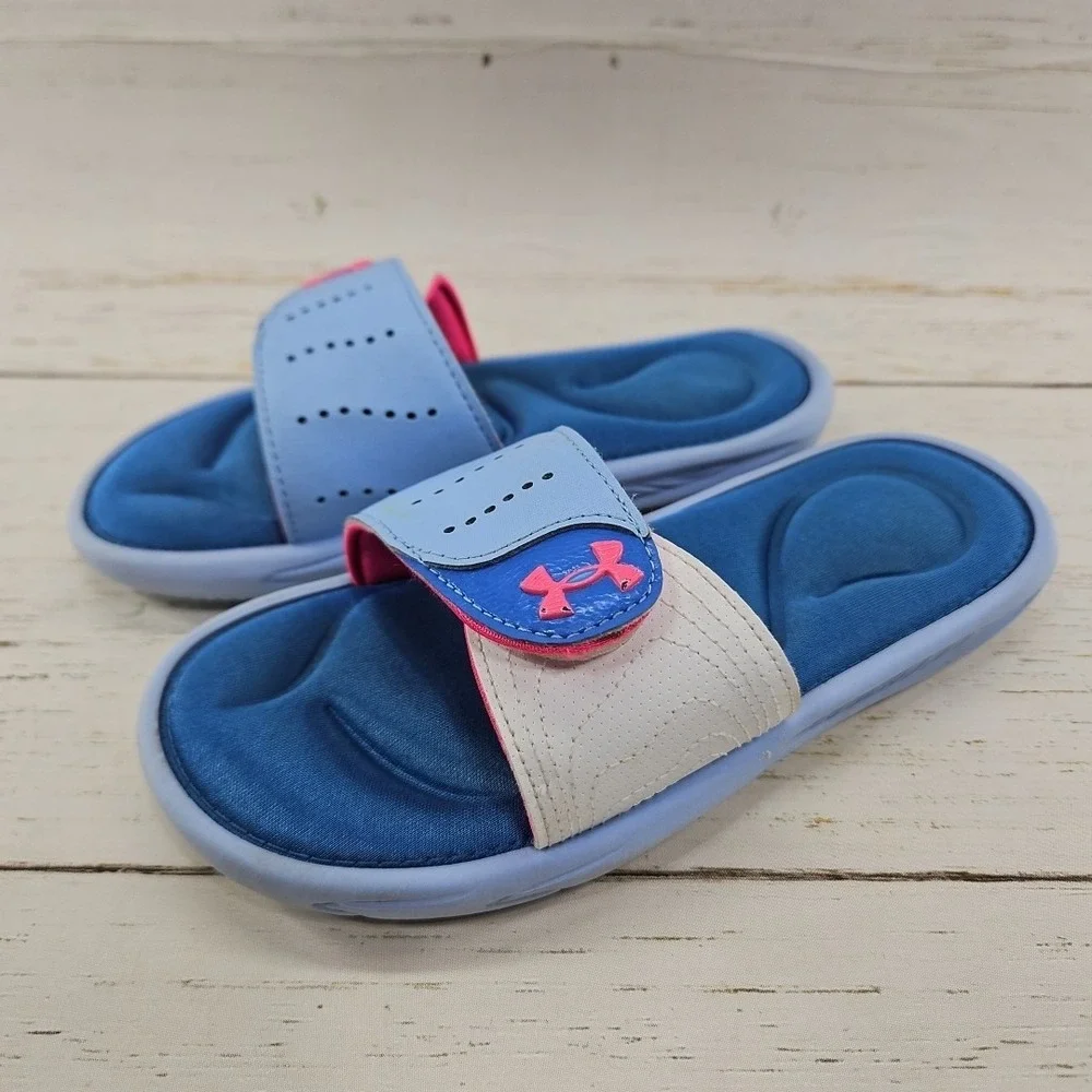 Under Armour Ignite VI Slides Youth Size‎ 2Y Blue Pink Adjustable Strap Sandals