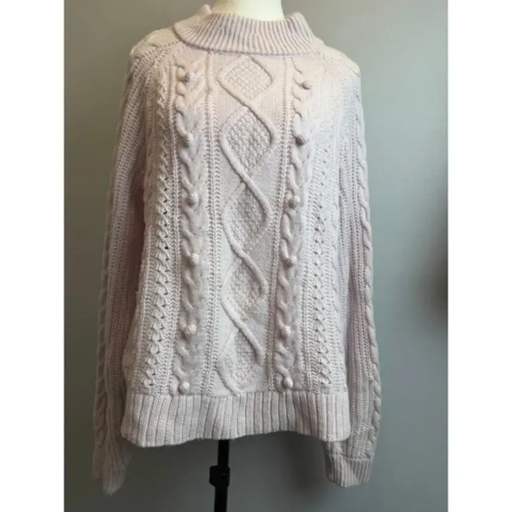 J. Crew Wool Blend Chunky Cable Azra Pom Sweater Women L Cream Ivory Cottagecore