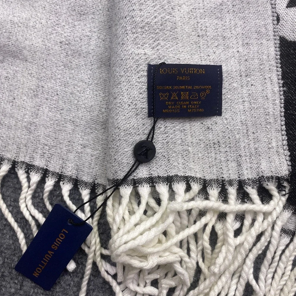 Louis Vuitton Monogram Scarf Black Silver Silk Wool M75748 MR0135 Made in Italy