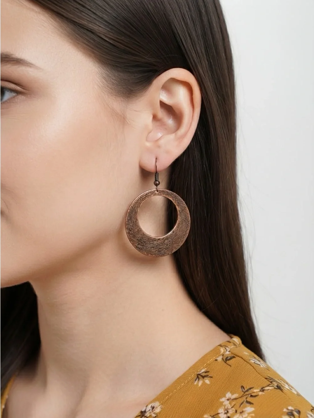 Antique Textured Crescent Hoop Earrings | Rustic Brushed Metal Dangle Earrings