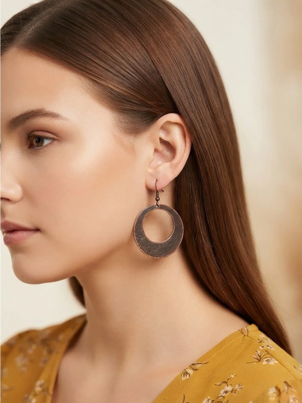 Antique Textured Crescent Hoop Earrings | Rustic Brushed Metal Dangle Earrings