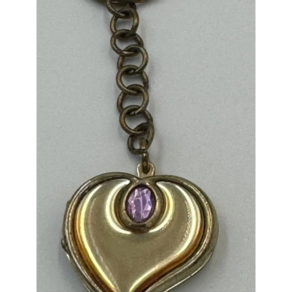 Vintage Style Gold Tone Heart Locket‎ Keychain Purple Rhinestone Portrait