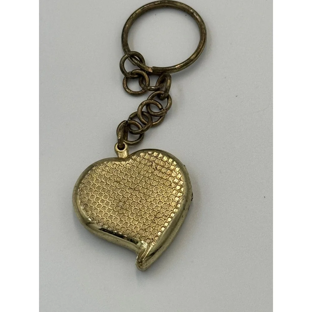Vintage Style Gold Tone Heart Locket‎ Keychain Purple Rhinestone Portrait