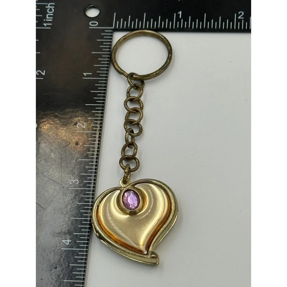 Vintage Style Gold Tone Heart Locket‎ Keychain Purple Rhinestone Portrait