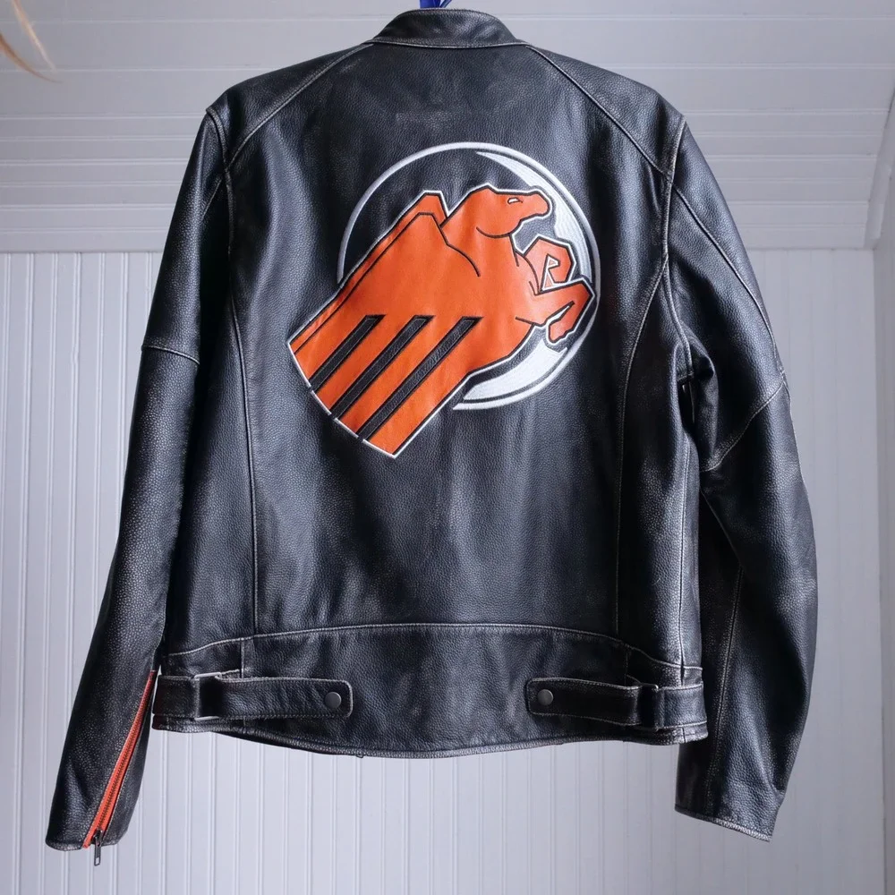 y2k‎ Private Divisions orange and black cafe racer leather jacket
