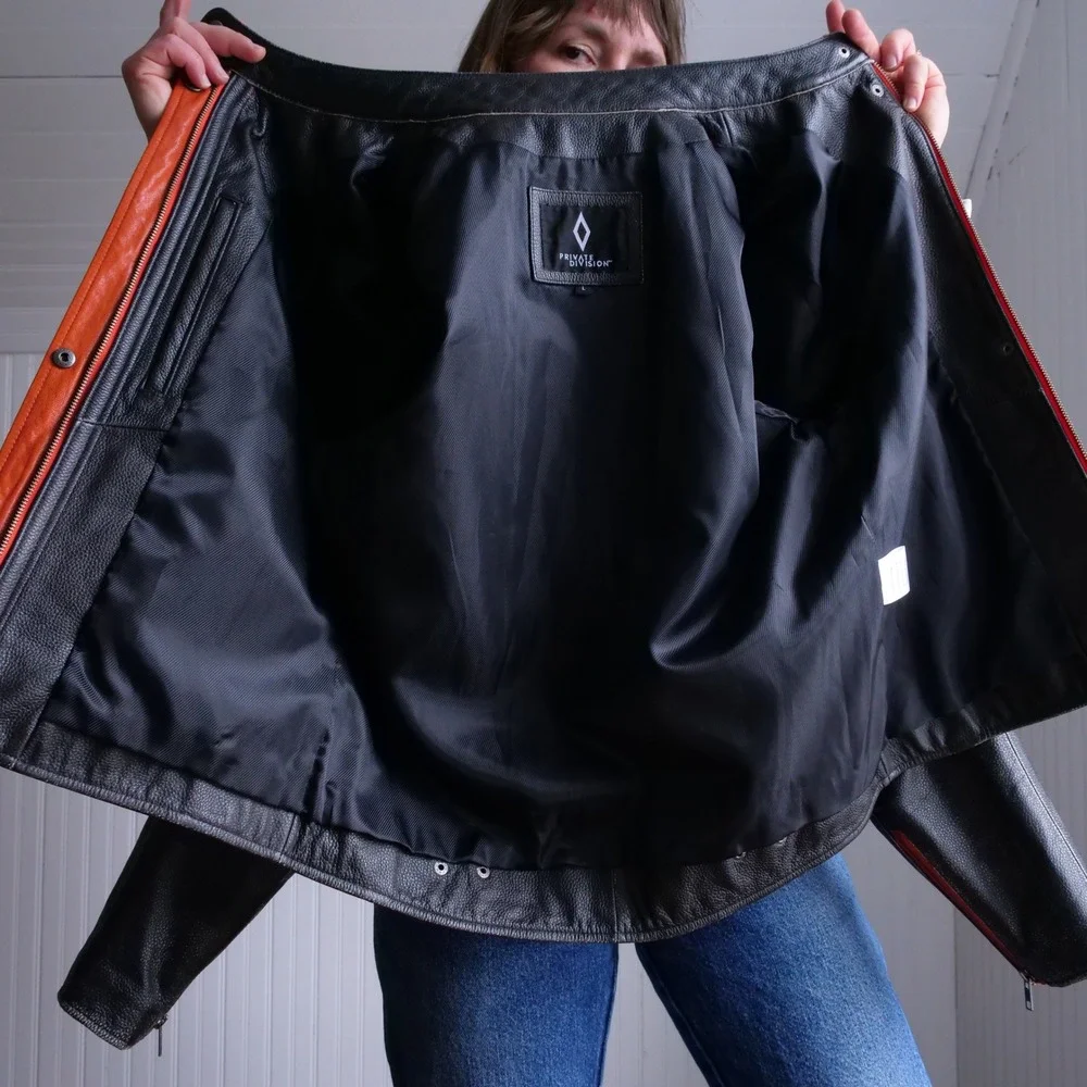y2k‎ Private Divisions orange and black cafe racer leather jacket