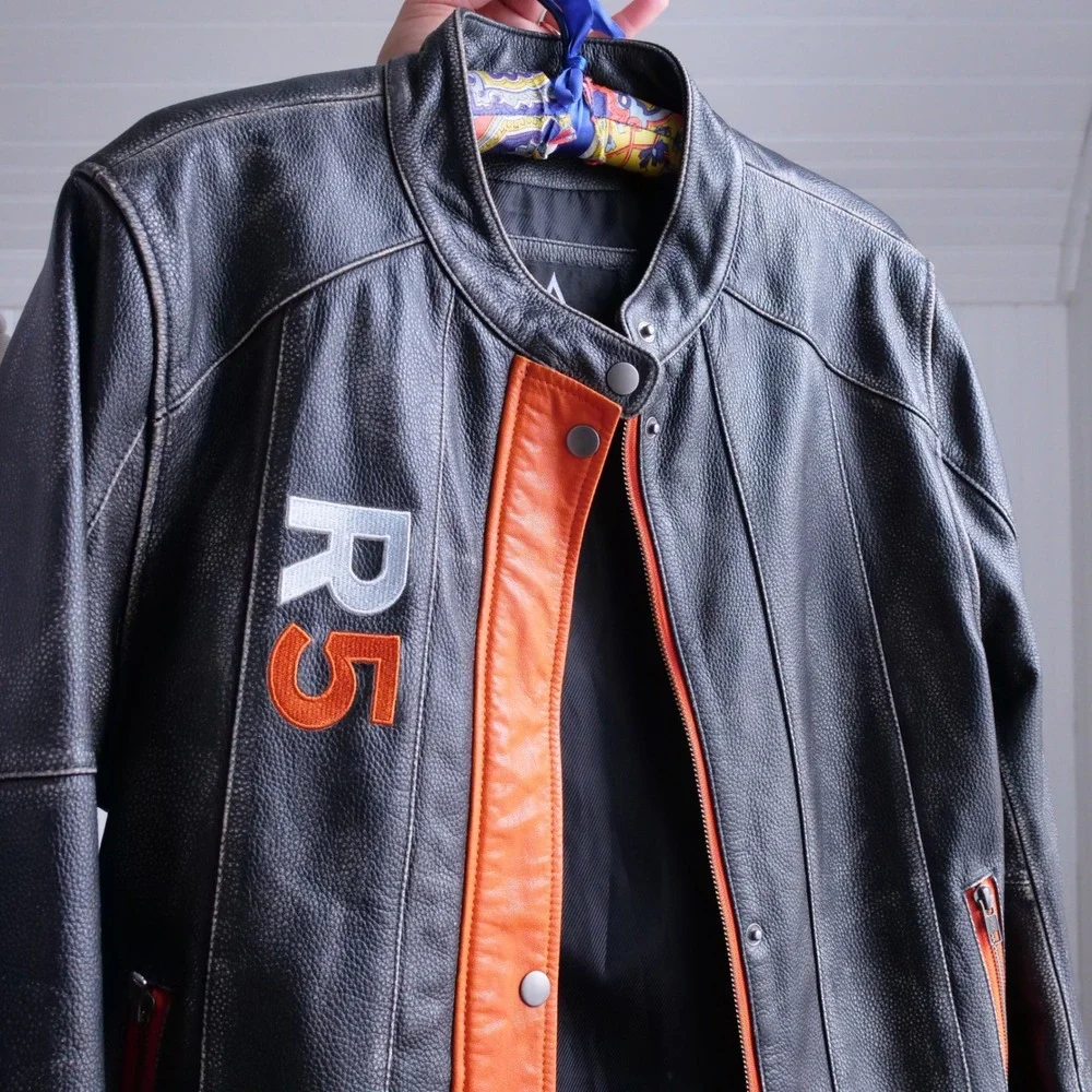 y2k‎ Private Divisions orange and black cafe racer leather jacket