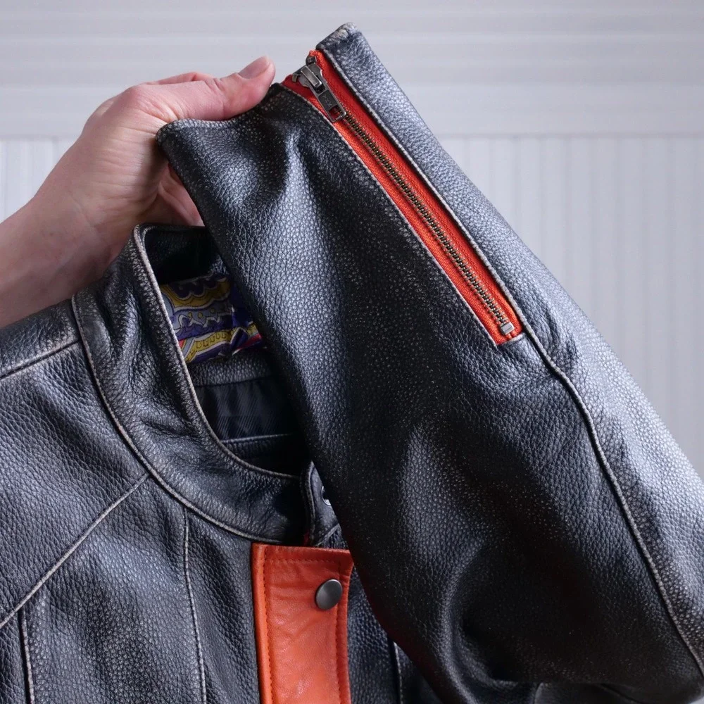 y2k‎ Private Divisions orange and black cafe racer leather jacket