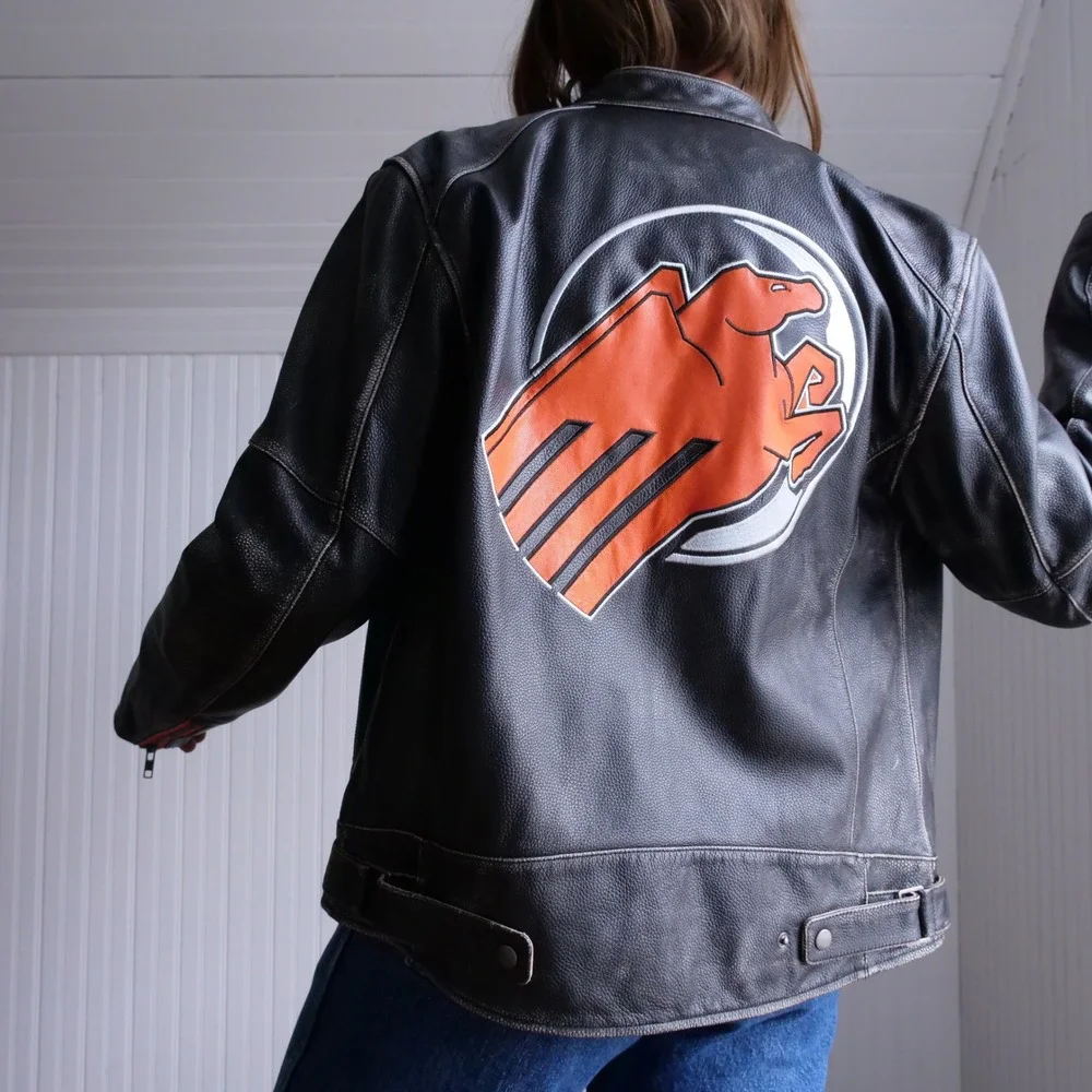 y2k‎ Private Divisions orange and black cafe racer leather jacket