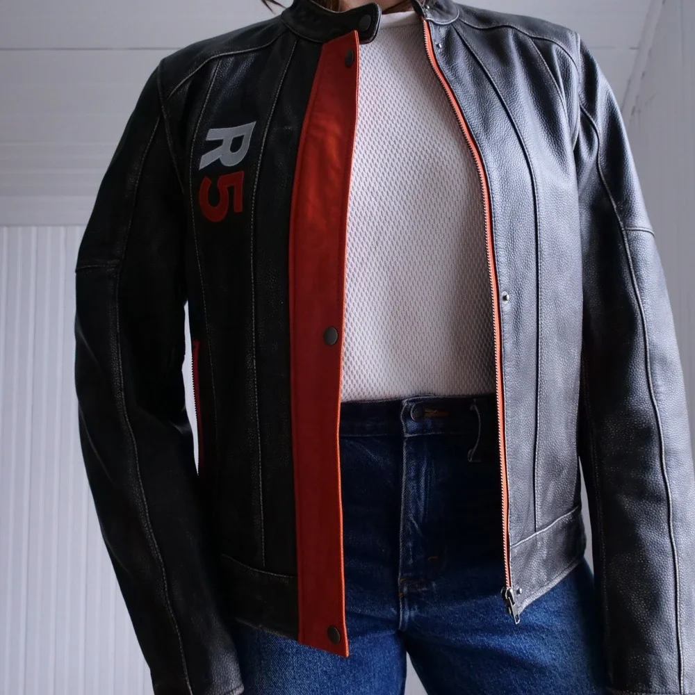 y2k‎ Private Divisions orange and black cafe racer leather jacket