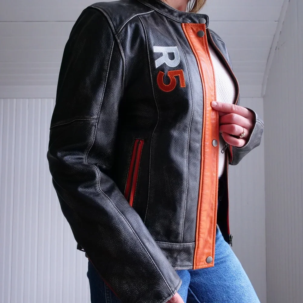 y2k‎ Private Divisions orange and black cafe racer leather jacket