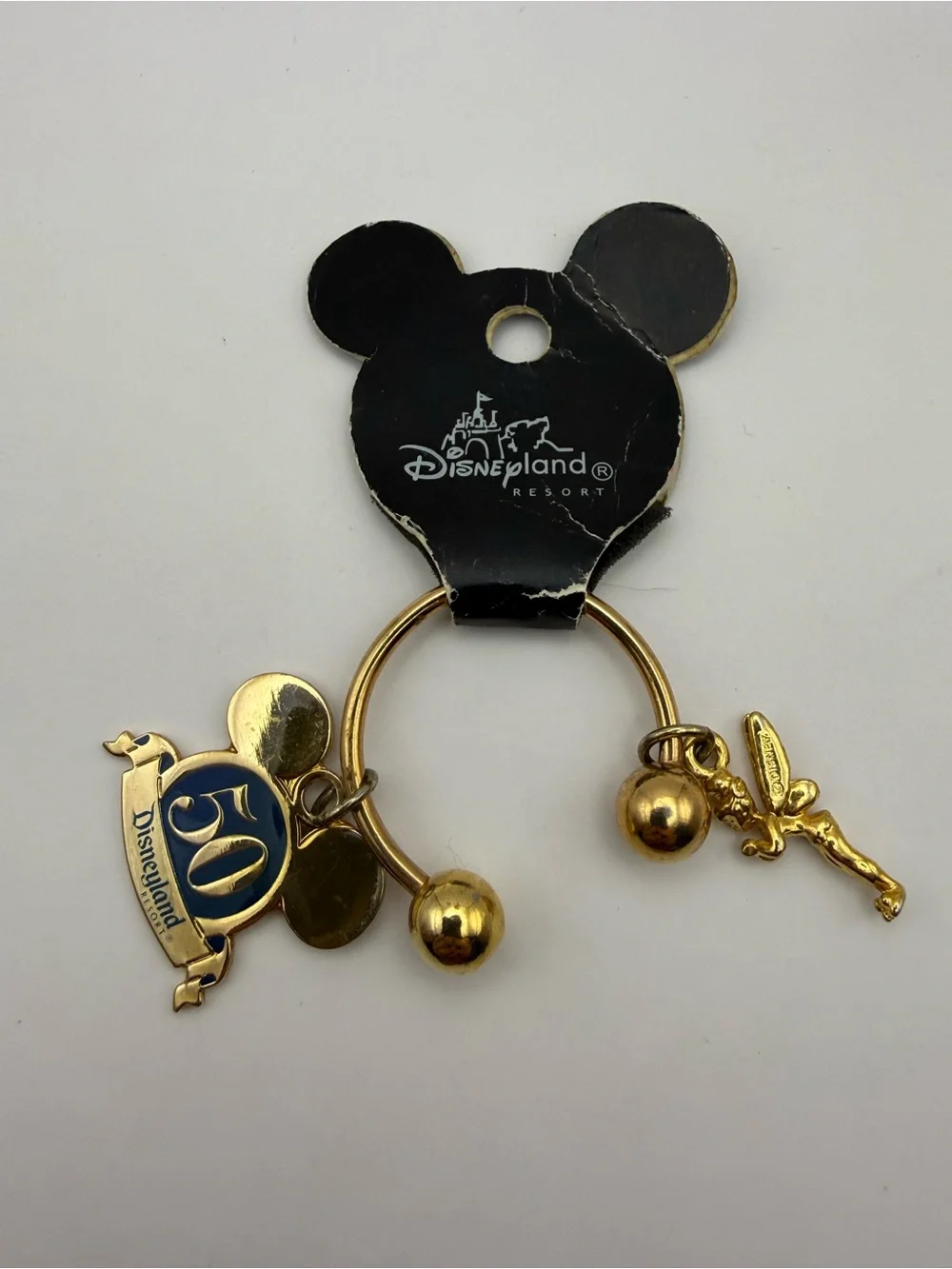 Vintage Disneyland 50th Anniversary Keychain Mickey Ears, Tinker Bell Gold Tone