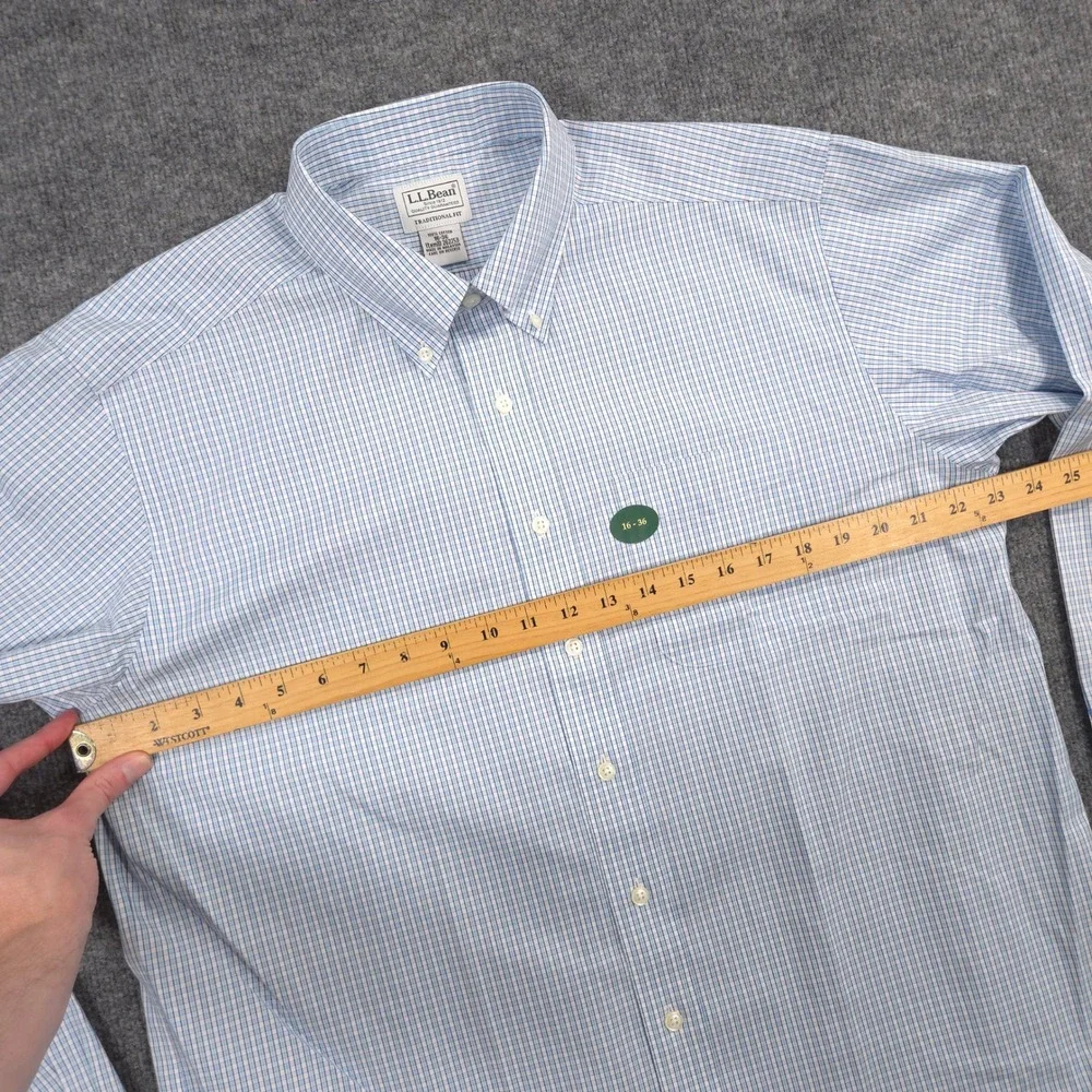 LL Bean Oxford Dress Shirt Mens 16-36 Blue White Tattersail Check Wrinkle-Free