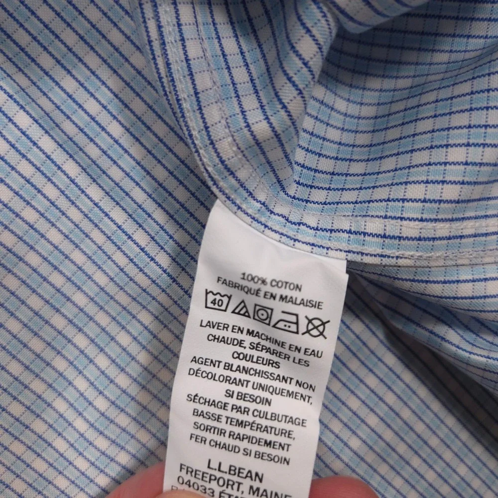 LL Bean Oxford Dress Shirt Mens 16-36 Blue White Tattersail Check Wrinkle-Free