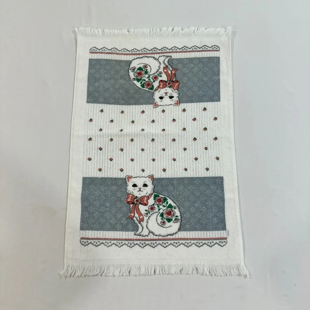 Vintage White Cat Floral Rose Hand Towel Fringed Cotton Terry Cloth Blue White