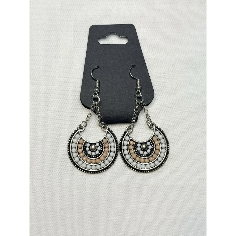 045 Paparazzi White  & Tan Beaded Dangle Earrings