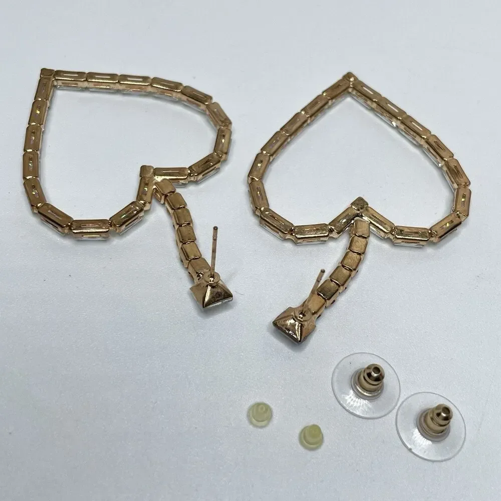 Natasha Couture Gold Tone Baguette AB Crystal Rhinestone Heart Earrings Dangles
