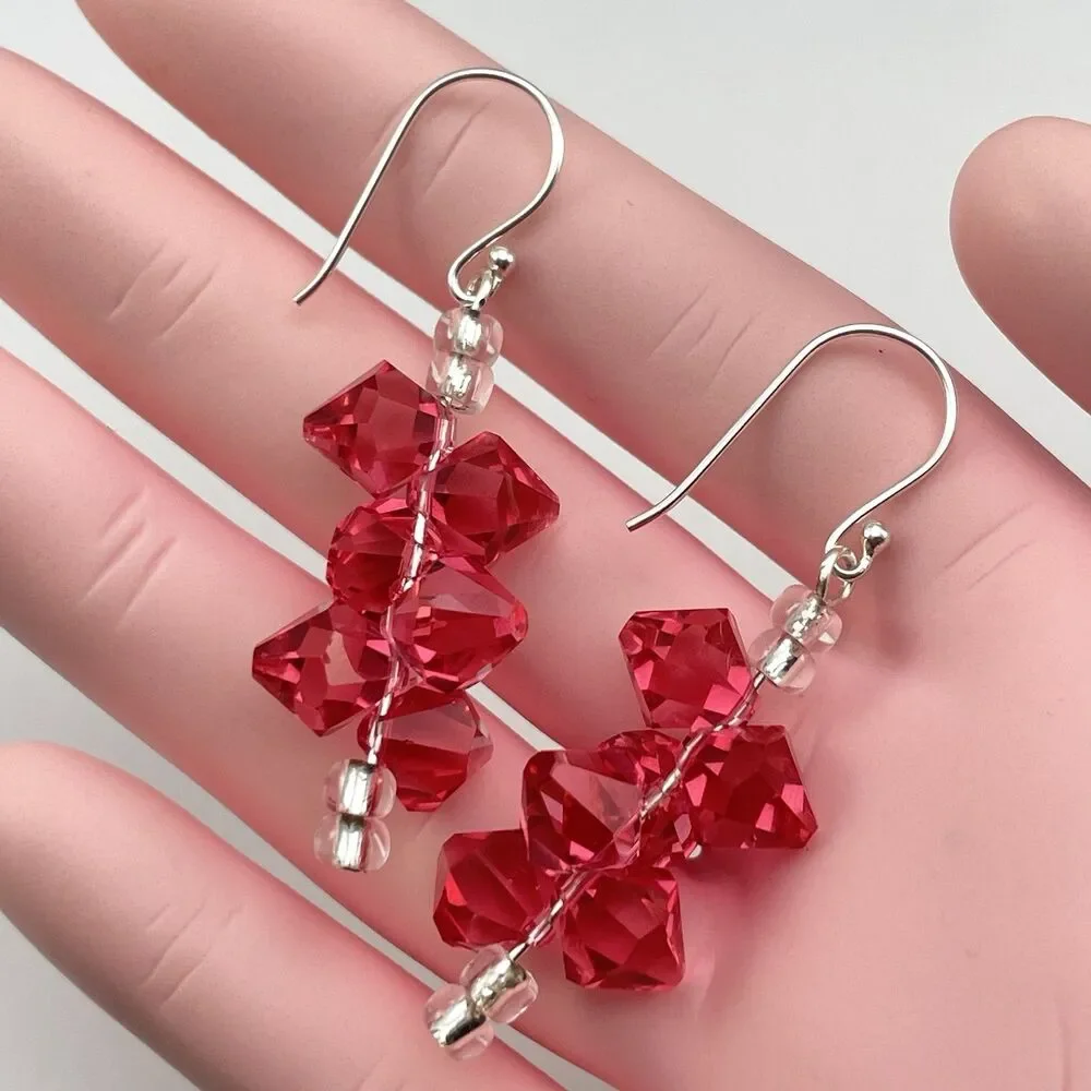 Made With Swarovski Crystals Pink Beaded Sterling Silver Dangle Earrings Elegant