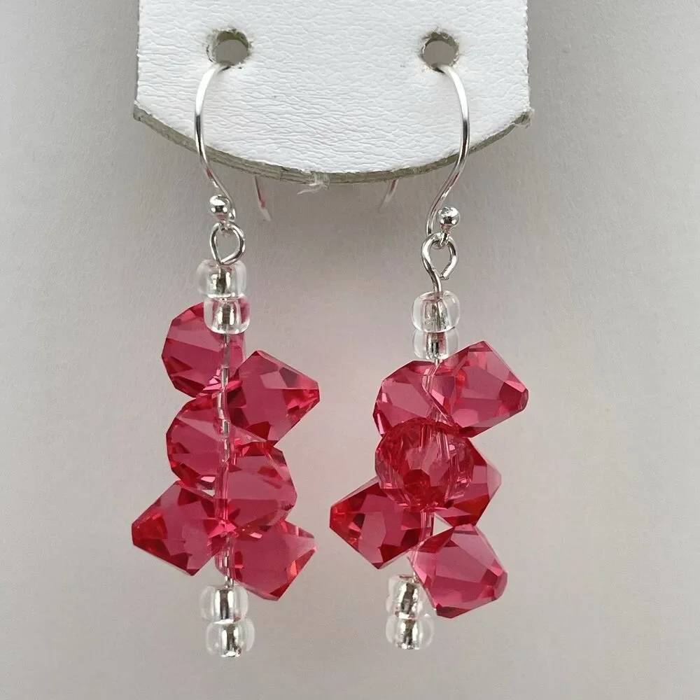 Made With Swarovski Crystals Pink Beaded Sterling Silver Dangle Earrings Elegant