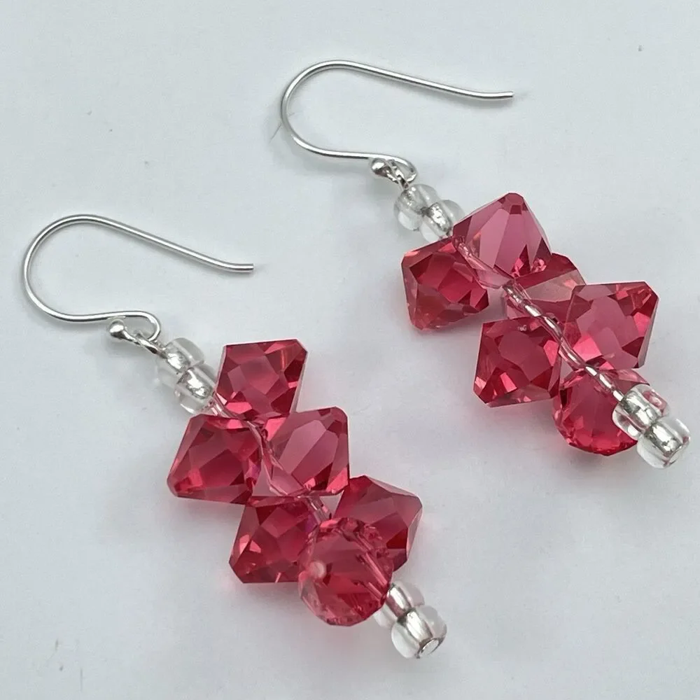 Made With Swarovski Crystals Pink Beaded Sterling Silver Dangle Earrings Elegant