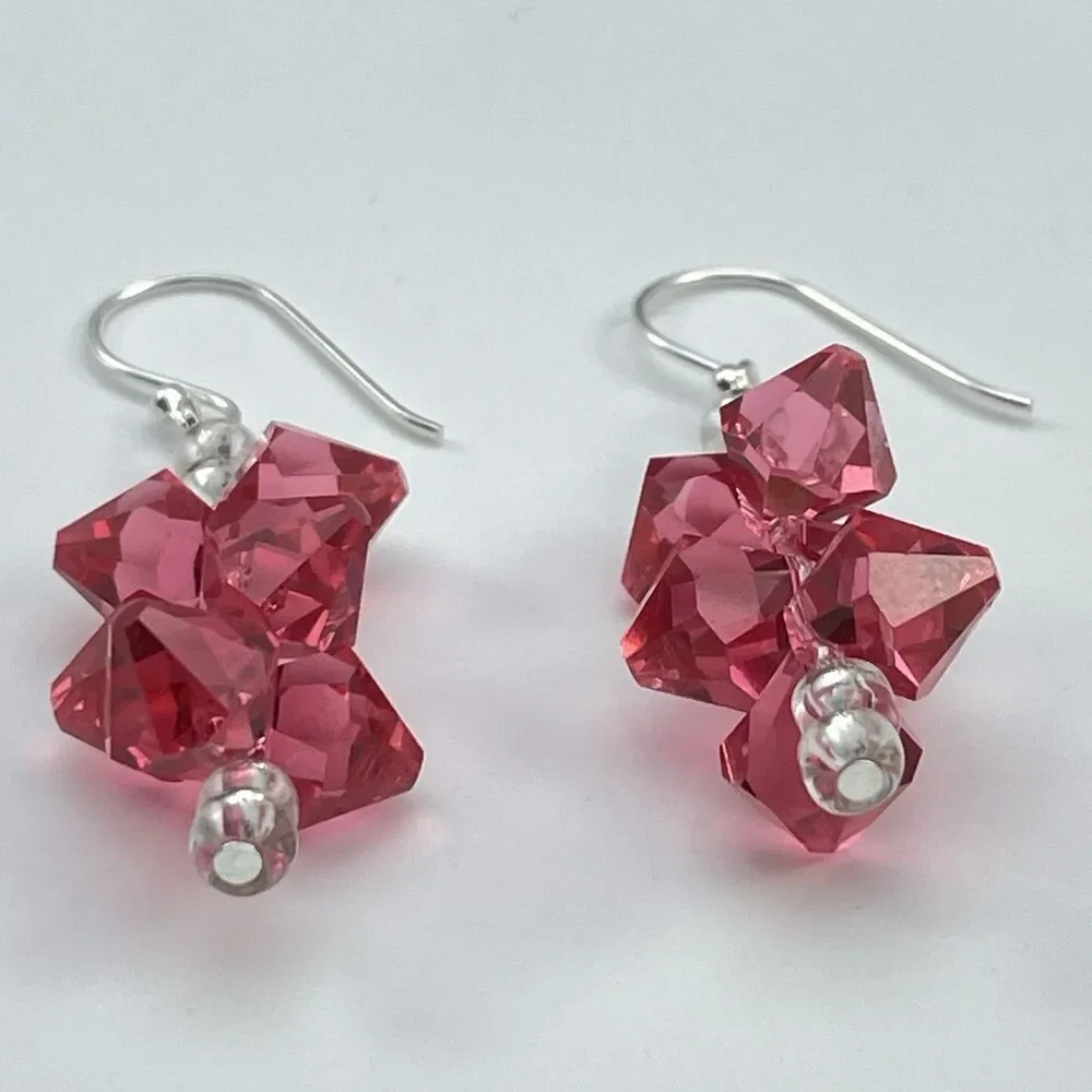 Made With Swarovski Crystals Pink Beaded Sterling Silver Dangle Earrings Elegant