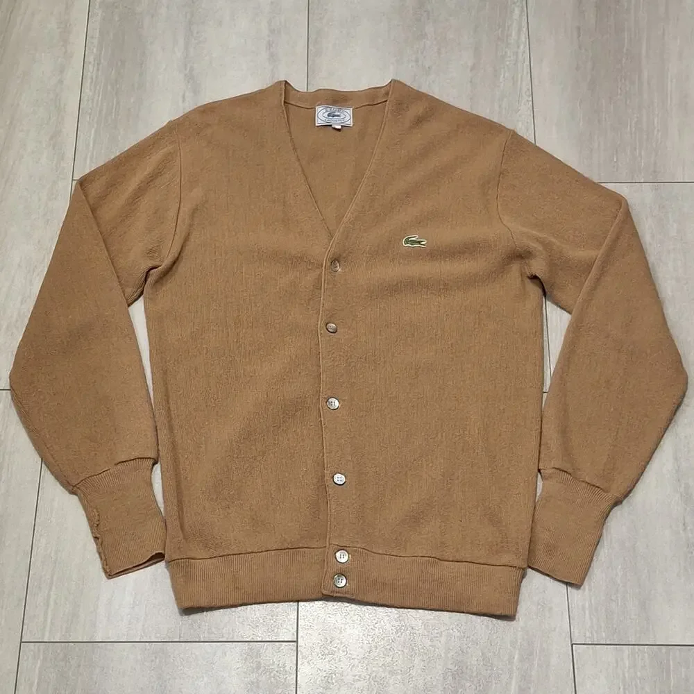 Vtg IZOD Lacoste 1970s Tan Knit Men’s Button Cardigan Sweater Sz L Kurt Cobain