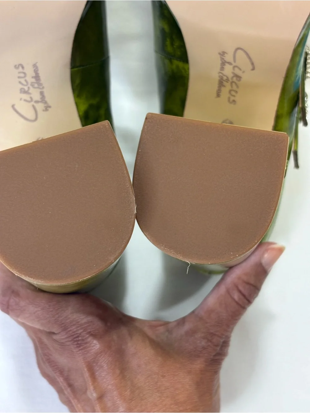 CIRCUS Chartreuse Patent Platform Mary Jane Pumps Crystal Buckles 6.5 EUC $159
