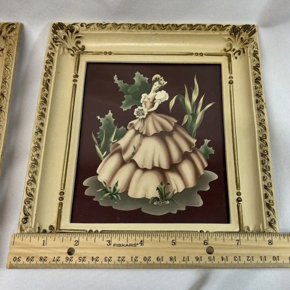 VTG Turner Wall Accessory Pair Victorian Fashion Prints Ornate Gold Frames MCM