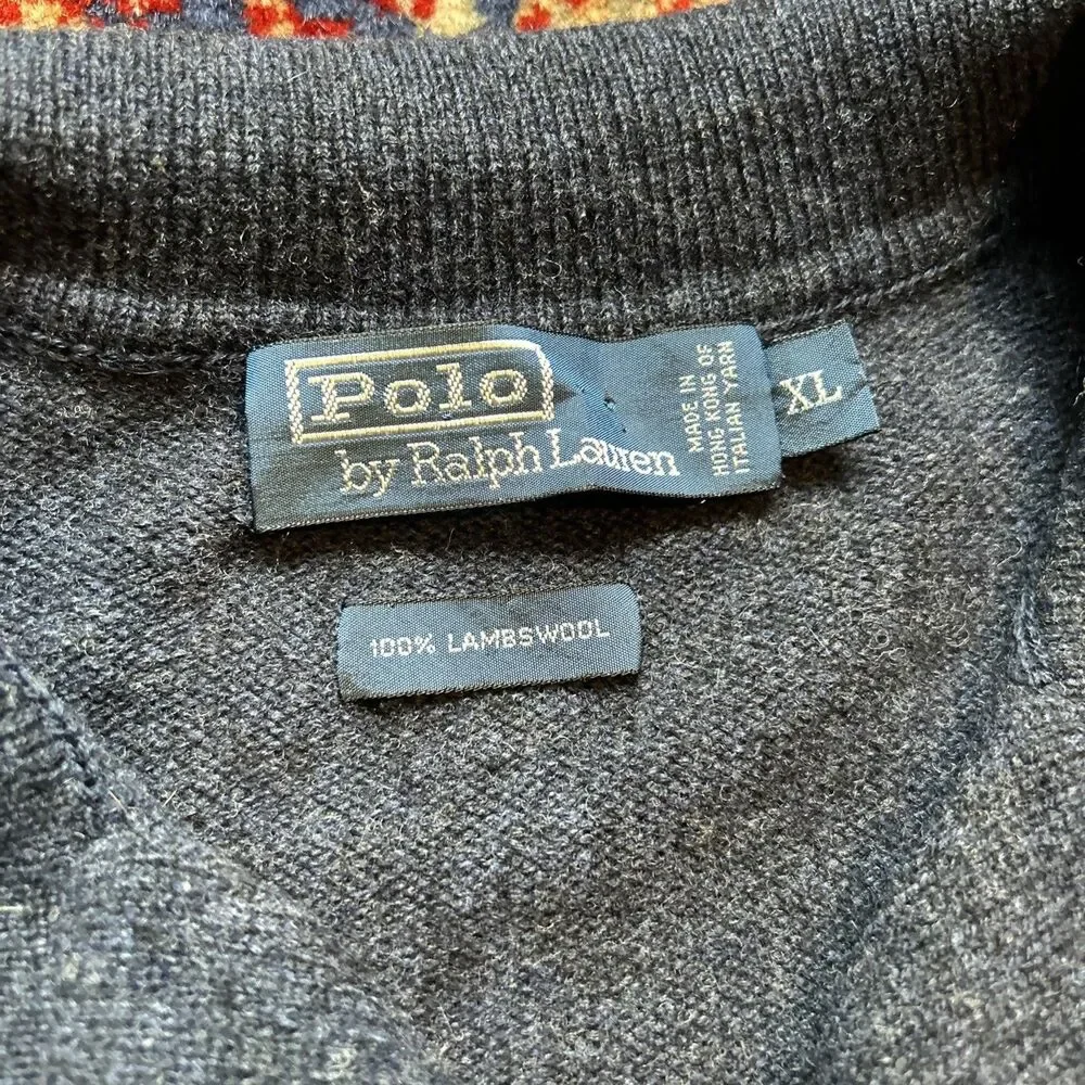 VTG POLO RALPH LAUREN 100% LAMBSWOOL COLLARED PULLOVER NAVY SWEATER XL
