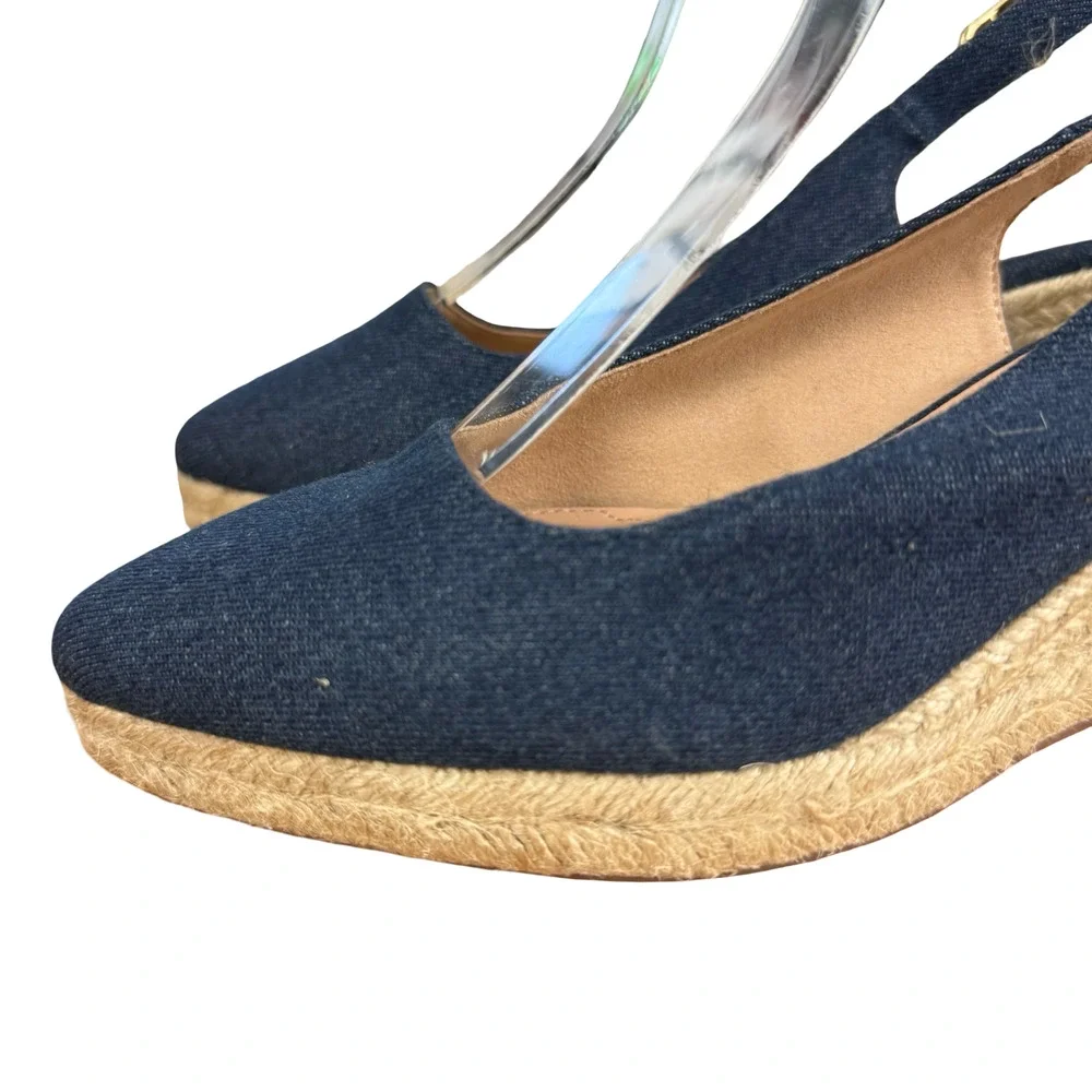 Talbots Vivi Slingback Denim Espadrille Wedge Point Toe Heels Shoes Blue sz 7 M