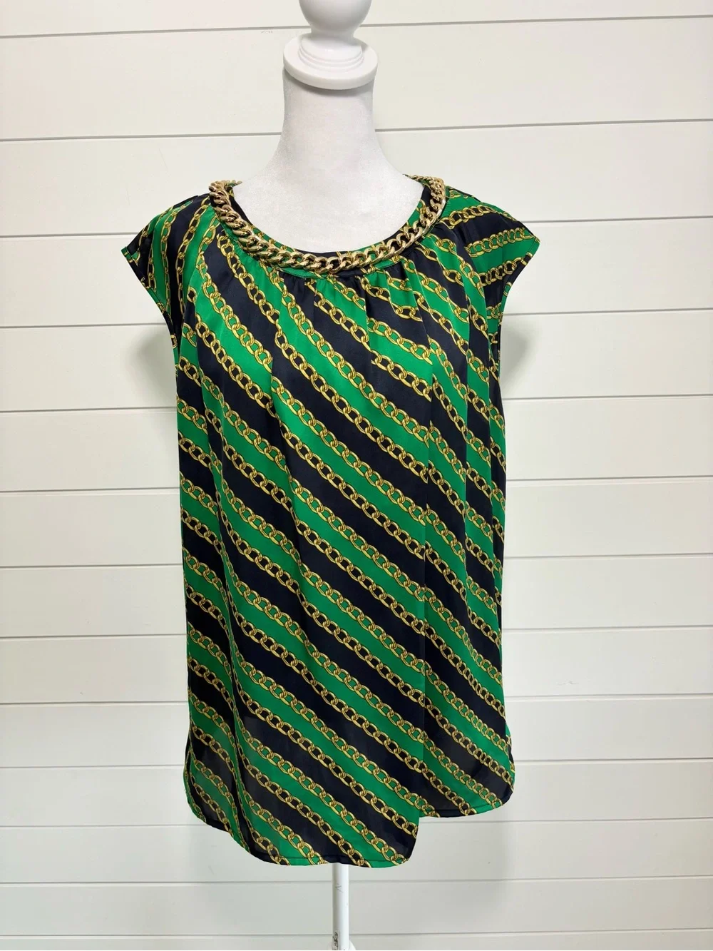 Michael Michael Chain Neck Sleeveless Blouse Green Black Gold Size L
