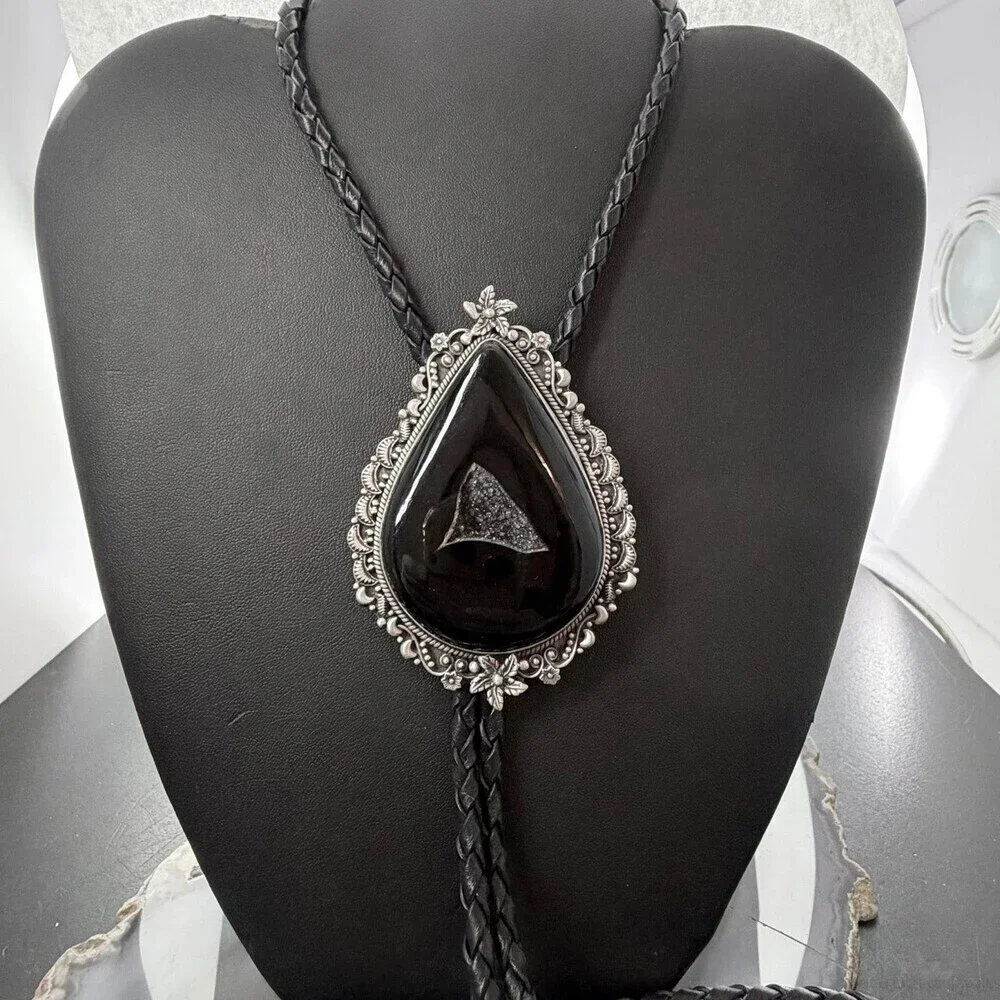Sterling Silver Southwestern Style Teardrop Onyx Bolo Tie For Men