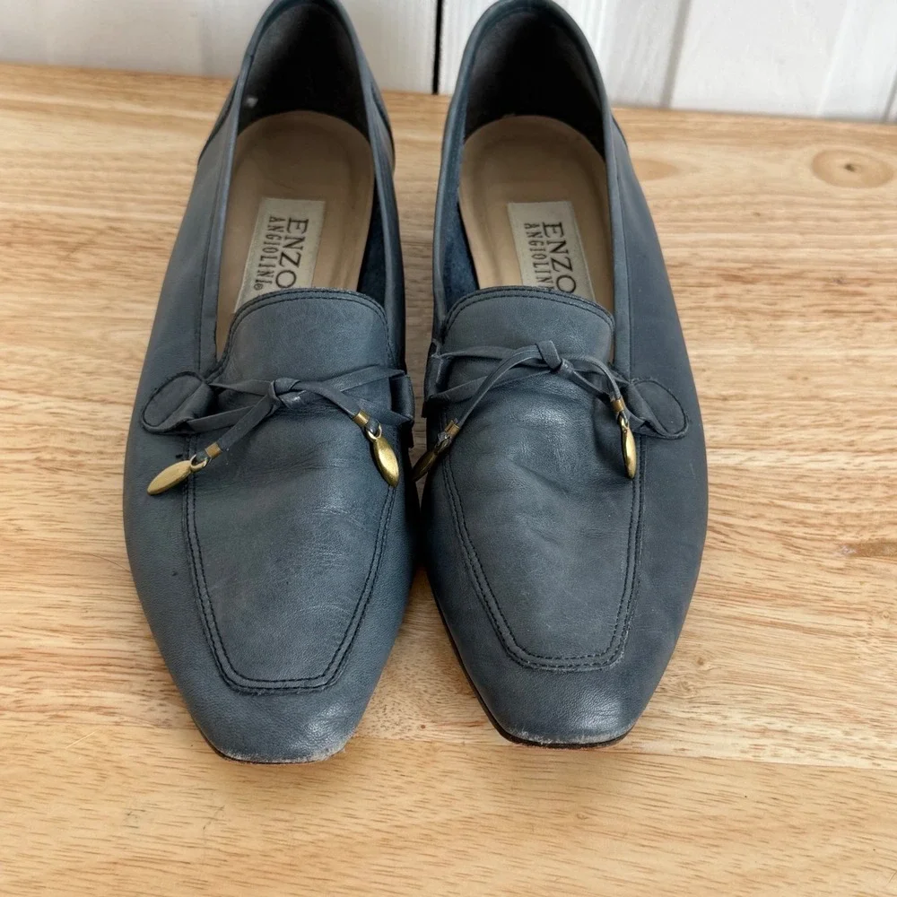 Enzo Angiolini Leather‎ Loafers 8N Blue Bow Square Toe Dark Academia Flats