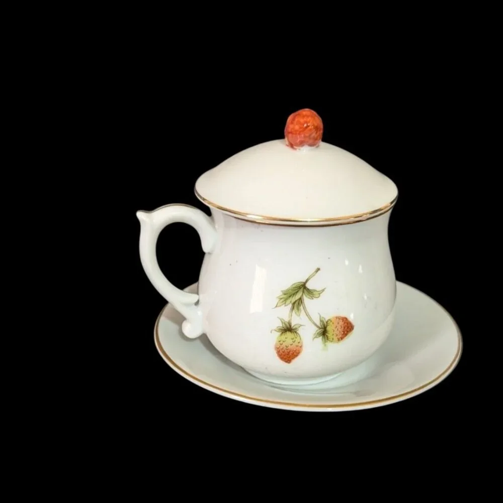 Shafford Fine Porcelain‎  Jam/Jelly Jar With Lid  Saucer Strawberry Design