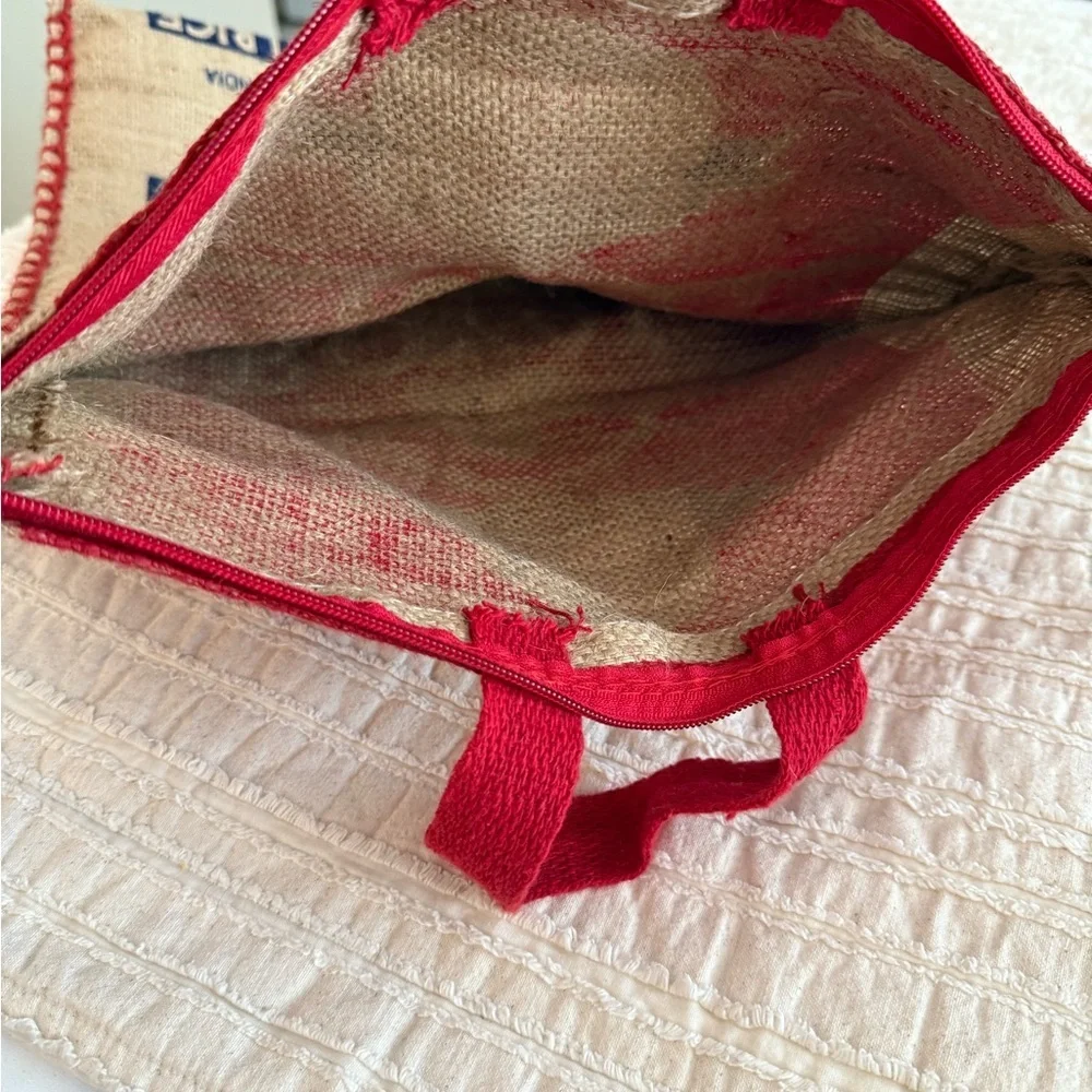 Vintage tote collectible ROYAL BASMATI RICE burlap Red zipper at top, 2 handles.