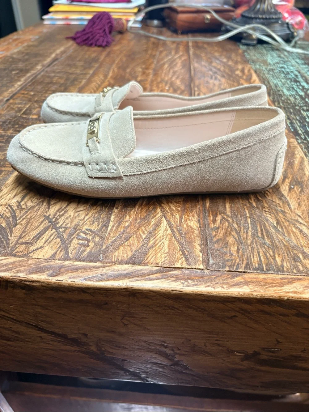 Cole Haan Nude Suede Leather Driving Loafers Gold Bit Slip On Flats Shoes 8.5