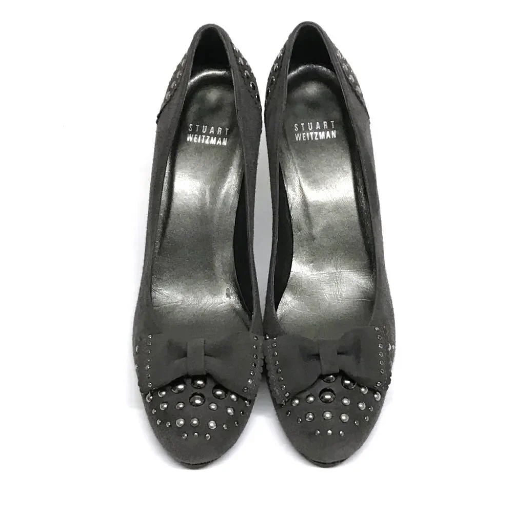 STUART WEITZMAN Gray Suede Leather Studded Pumps Heels with Bows 8N Y2K