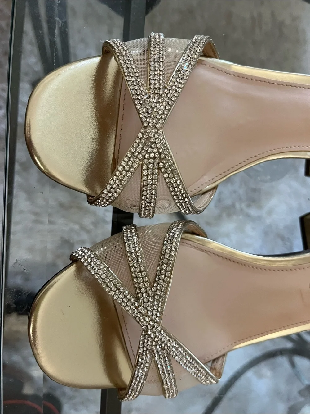 Nina Gold Rhinestone Strappy Low Heel Sandals