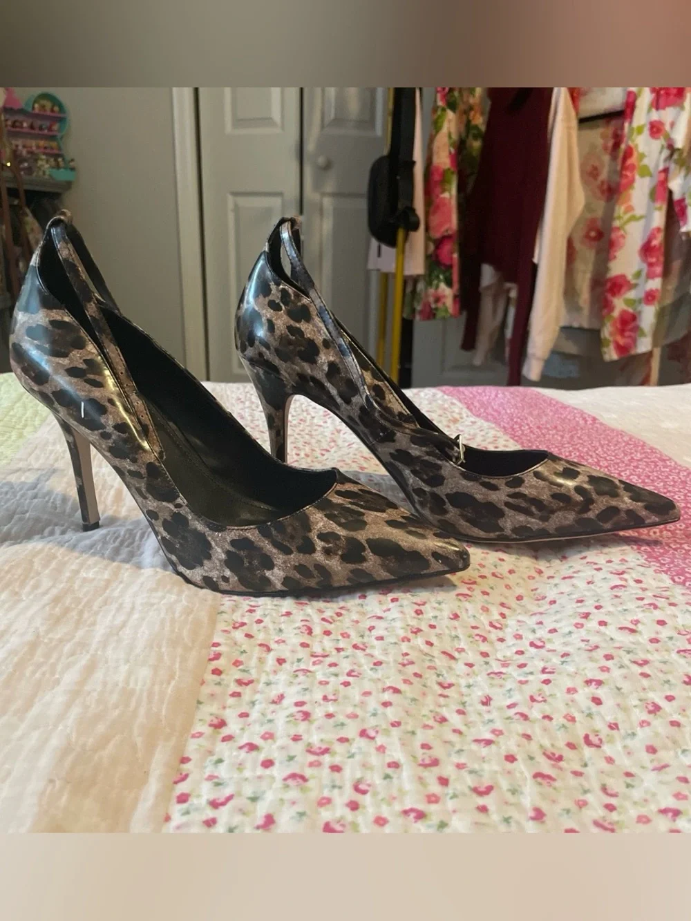 White House Black Market Leopard Print Pointed Ankle-Strap Pumps