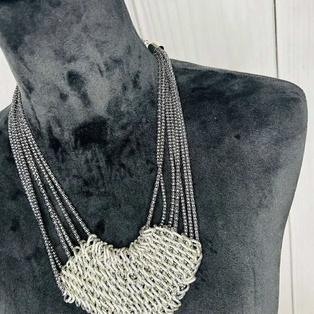 Silver Tone Chain Mail Bib Multi-Strand Necklace 20