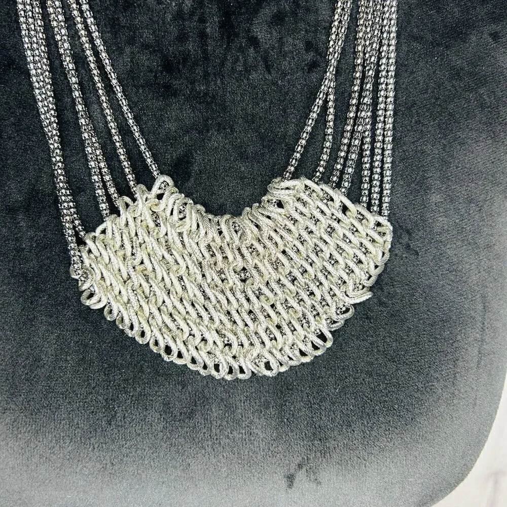 Silver Tone Chain Mail Bib Multi-Strand Necklace 20