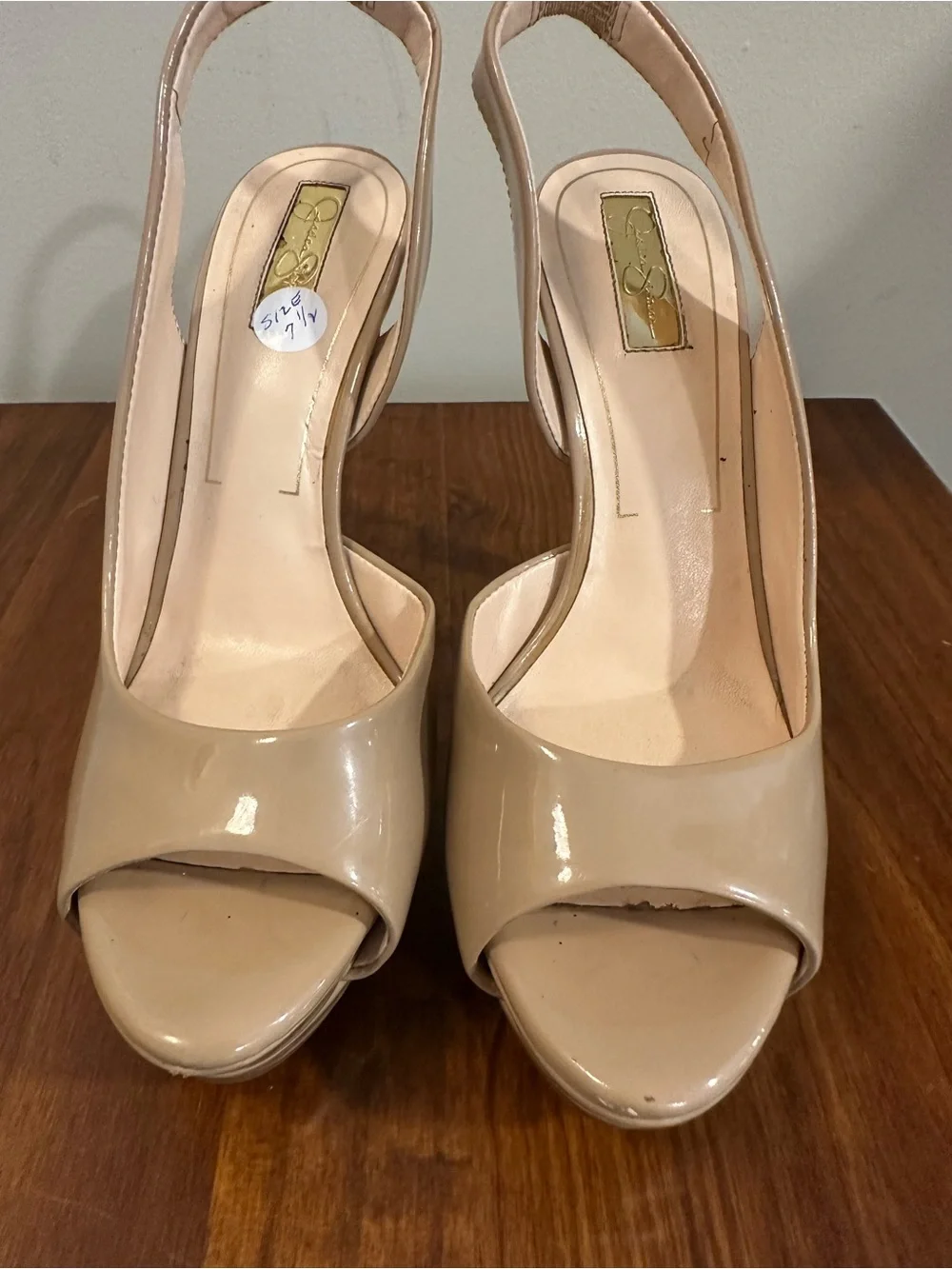 Jessica Simpson Sibilla Peep Toe Slingback Platform Pumps – Chai Latte – 7.5
