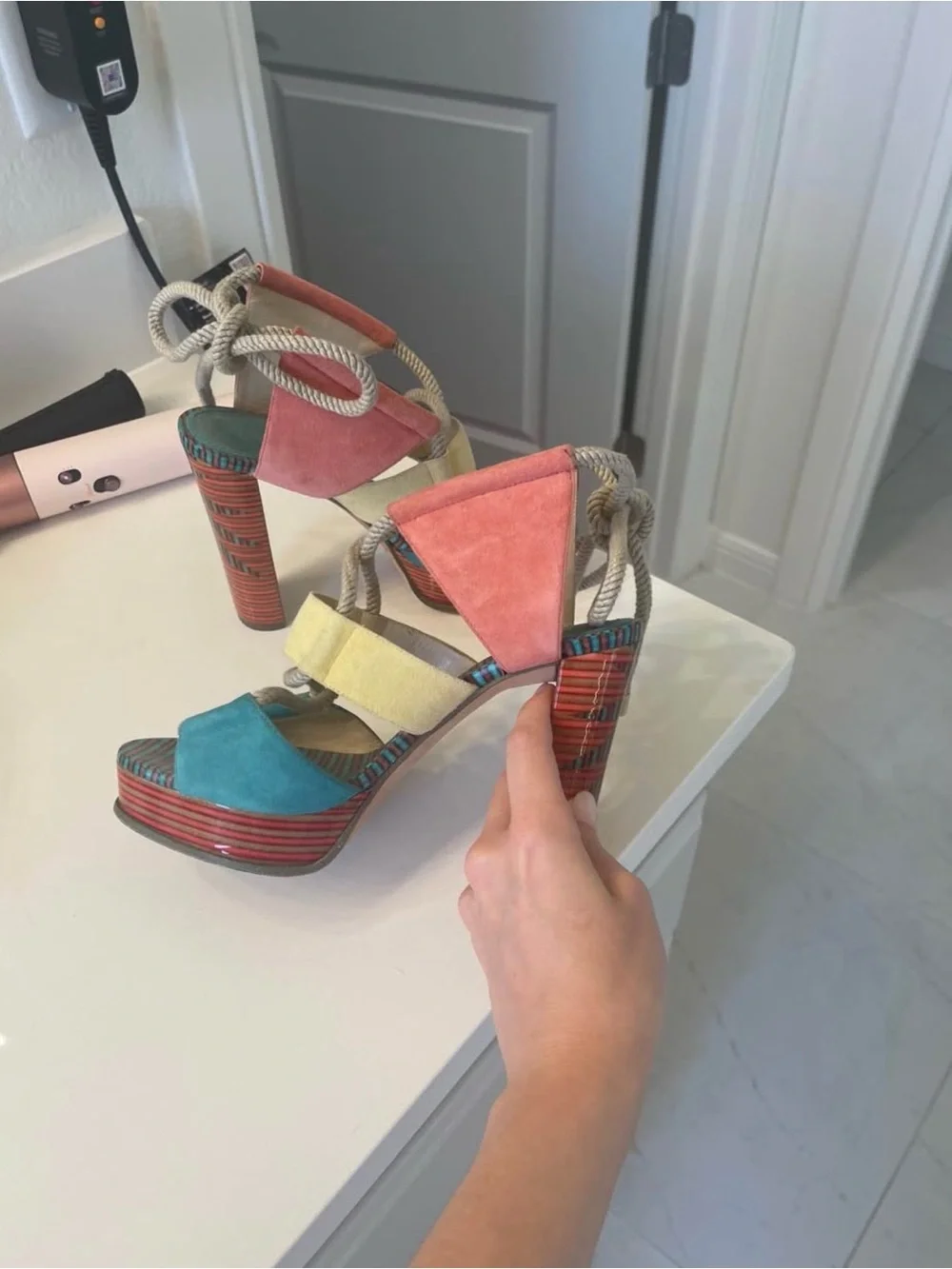 Jimmy Choo Multicolor Suede Platform Heel in Coral, Teal & Yellow