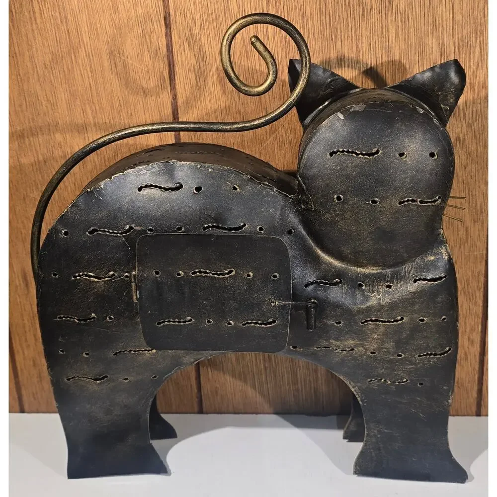 Metal Cat Candle Holder Lantern Black Gold Pierced Folk Art Indonesia 11
